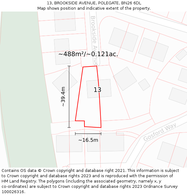 13, BROOKSIDE AVENUE, POLEGATE, BN26 6DL: Plot and title map