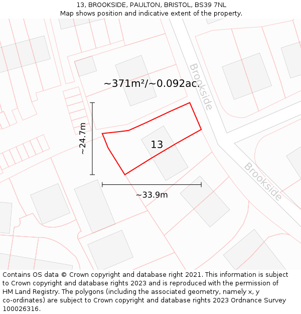 13, BROOKSIDE, PAULTON, BRISTOL, BS39 7NL: Plot and title map