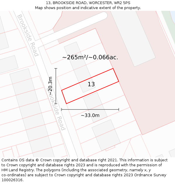 13, BROOKSIDE ROAD, WORCESTER, WR2 5PS: Plot and title map