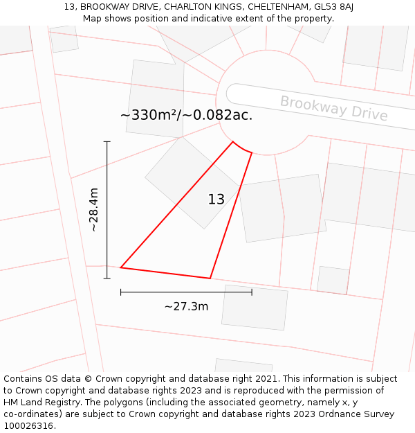 13, BROOKWAY DRIVE, CHARLTON KINGS, CHELTENHAM, GL53 8AJ: Plot and title map