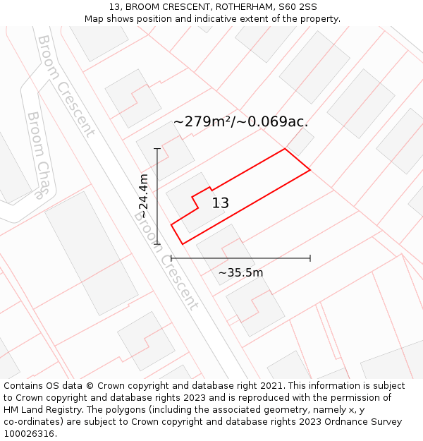 13, BROOM CRESCENT, ROTHERHAM, S60 2SS: Plot and title map