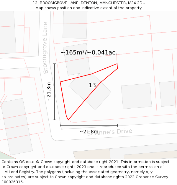 13, BROOMGROVE LANE, DENTON, MANCHESTER, M34 3DU: Plot and title map