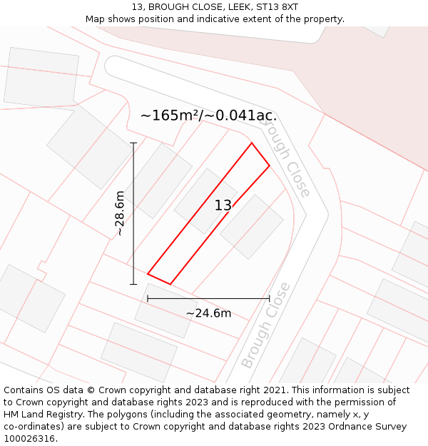 13, BROUGH CLOSE, LEEK, ST13 8XT: Plot and title map