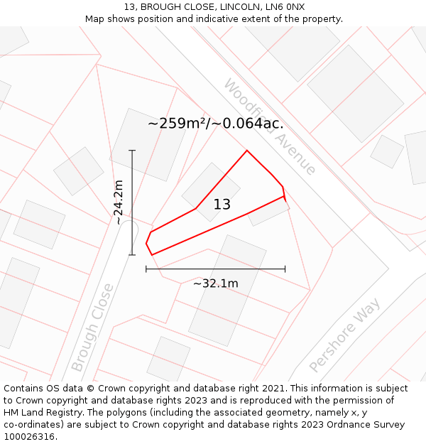 13, BROUGH CLOSE, LINCOLN, LN6 0NX: Plot and title map