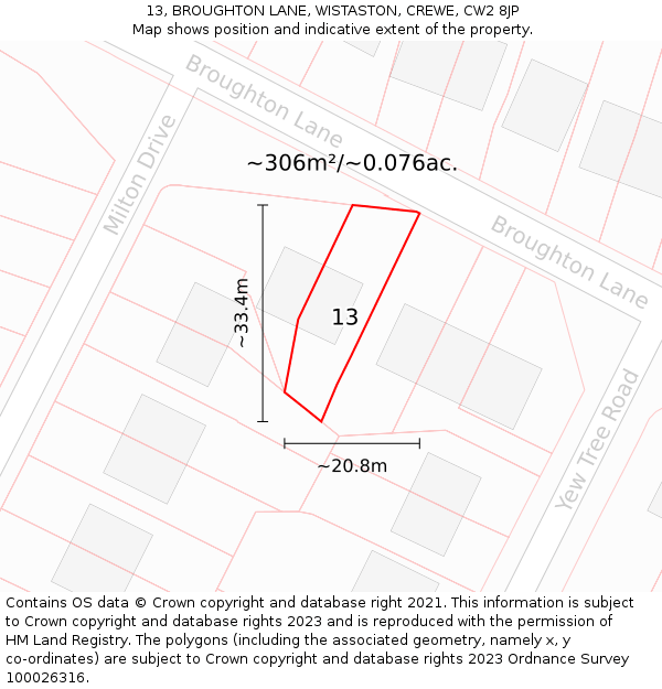13, BROUGHTON LANE, WISTASTON, CREWE, CW2 8JP: Plot and title map
