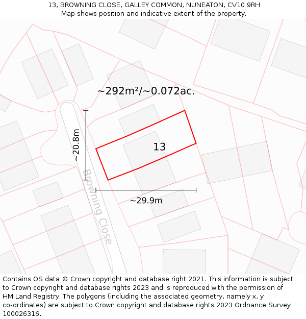 13, BROWNING CLOSE, GALLEY COMMON, NUNEATON, CV10 9RH: Plot and title map