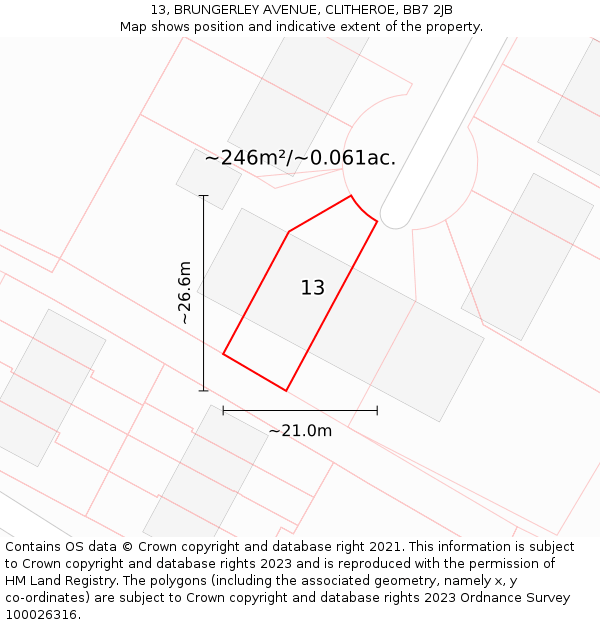 13, BRUNGERLEY AVENUE, CLITHEROE, BB7 2JB: Plot and title map