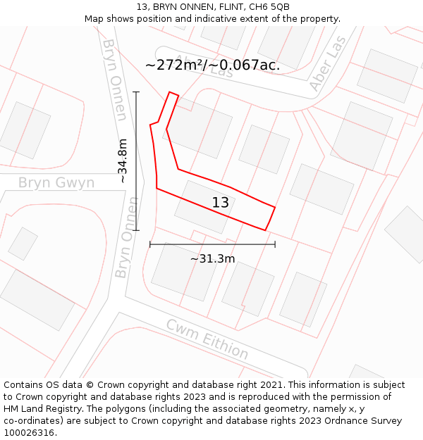 13, BRYN ONNEN, FLINT, CH6 5QB: Plot and title map