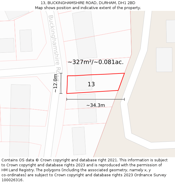 13, BUCKINGHAMSHIRE ROAD, DURHAM, DH1 2BD: Plot and title map
