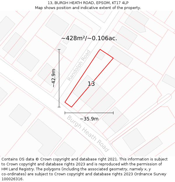 13, BURGH HEATH ROAD, EPSOM, KT17 4LP: Plot and title map