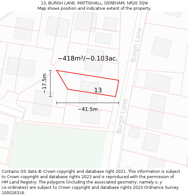 13, BURGH LANE, MATTISHALL, DEREHAM, NR20 3QW: Plot and title map