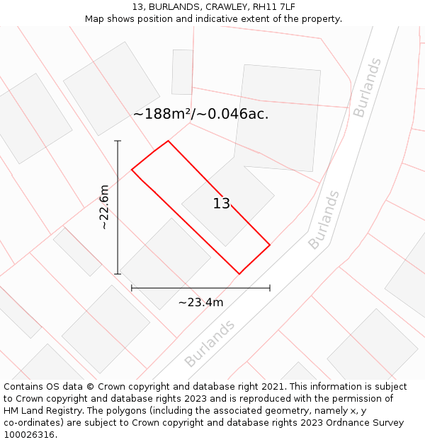 13, BURLANDS, CRAWLEY, RH11 7LF: Plot and title map