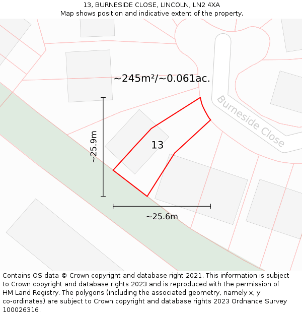 13, BURNESIDE CLOSE, LINCOLN, LN2 4XA: Plot and title map