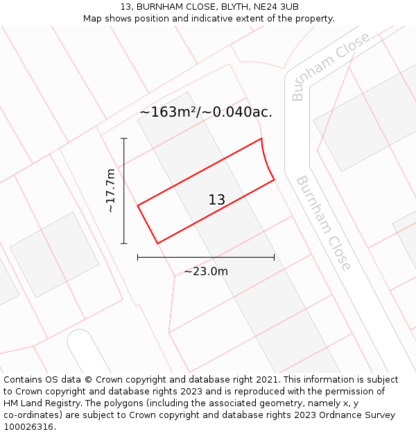 13, BURNHAM CLOSE, BLYTH, NE24 3UB: Plot and title map