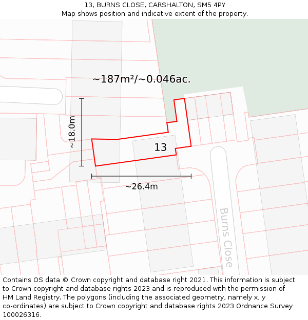13, BURNS CLOSE, CARSHALTON, SM5 4PY: Plot and title map