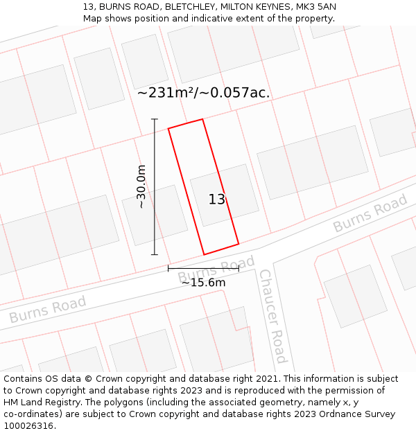 13, BURNS ROAD, BLETCHLEY, MILTON KEYNES, MK3 5AN: Plot and title map