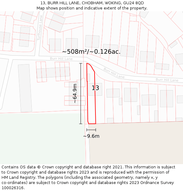 13, BURR HILL LANE, CHOBHAM, WOKING, GU24 8QD: Plot and title map