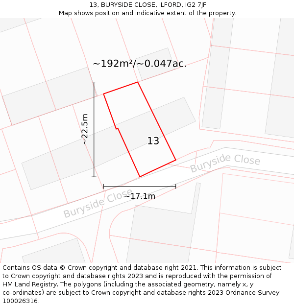 13, BURYSIDE CLOSE, ILFORD, IG2 7JF: Plot and title map