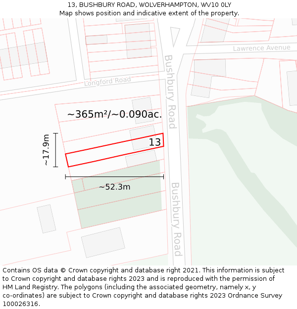 13, BUSHBURY ROAD, WOLVERHAMPTON, WV10 0LY: Plot and title map