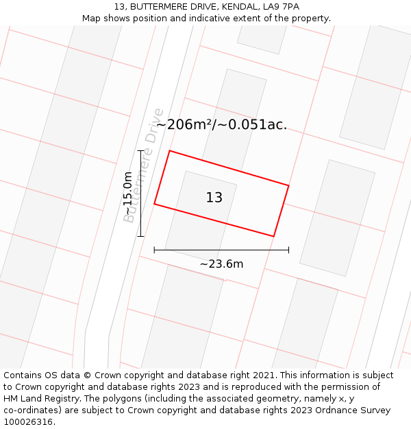 13, BUTTERMERE DRIVE, KENDAL, LA9 7PA: Plot and title map