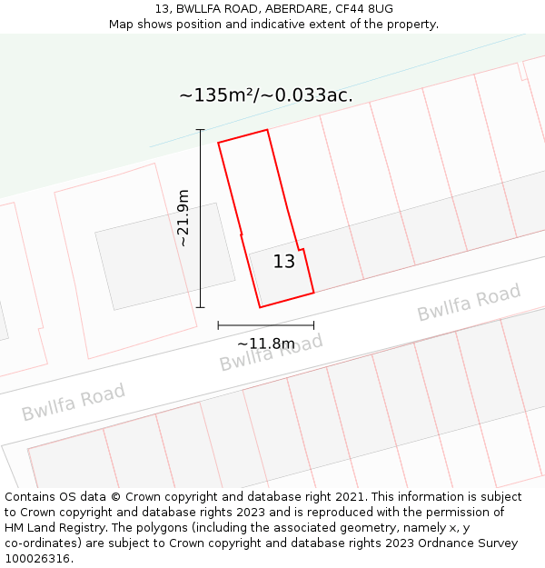 13, BWLLFA ROAD, ABERDARE, CF44 8UG: Plot and title map