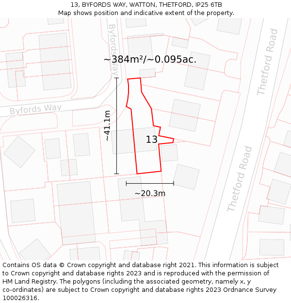 13, BYFORDS WAY, WATTON, THETFORD, IP25 6TB: Plot and title map