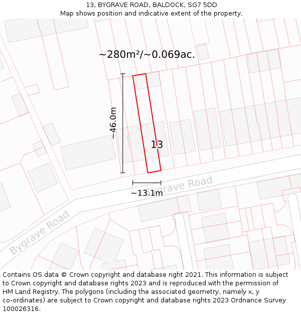 13, BYGRAVE ROAD, BALDOCK, SG7 5DD: Plot and title map
