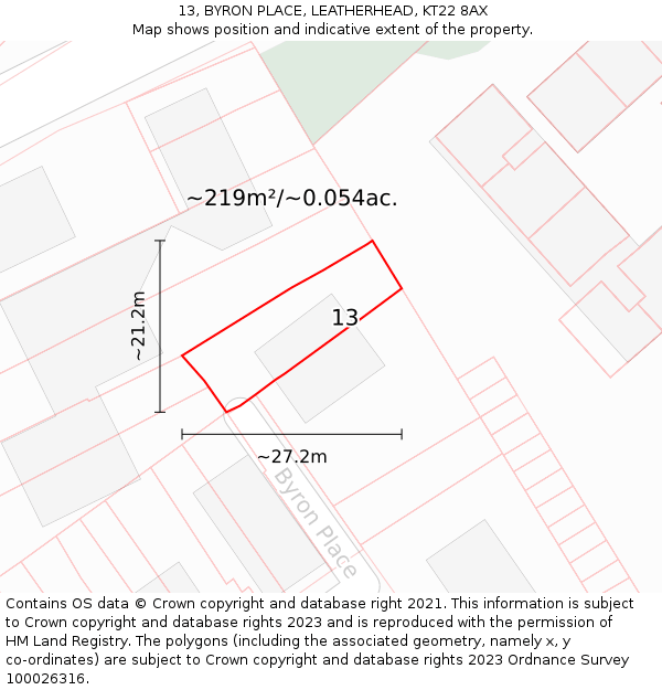 13, BYRON PLACE, LEATHERHEAD, KT22 8AX: Plot and title map