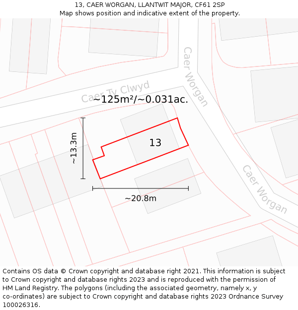 13, CAER WORGAN, LLANTWIT MAJOR, CF61 2SP: Plot and title map