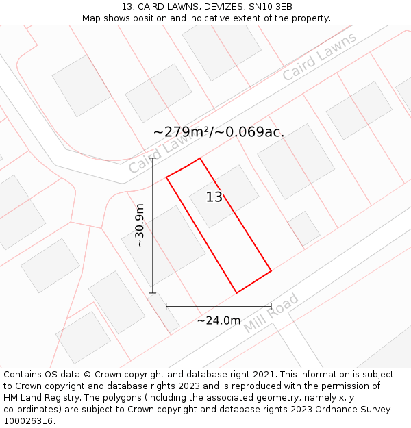13, CAIRD LAWNS, DEVIZES, SN10 3EB: Plot and title map