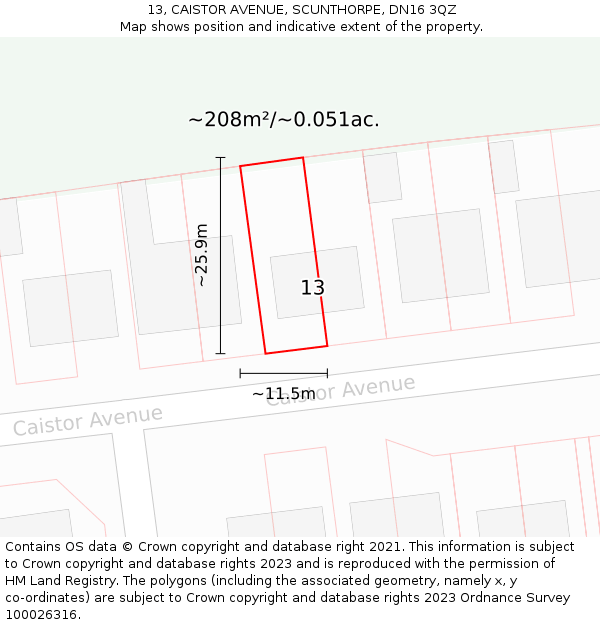 13, CAISTOR AVENUE, SCUNTHORPE, DN16 3QZ: Plot and title map