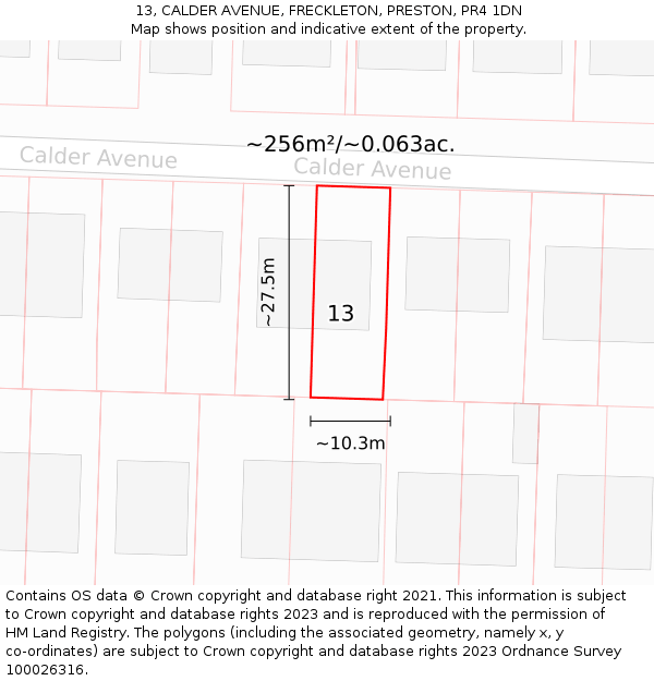 13, CALDER AVENUE, FRECKLETON, PRESTON, PR4 1DN: Plot and title map