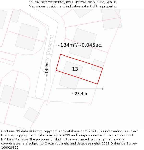 13, CALDER CRESCENT, POLLINGTON, GOOLE, DN14 0UE: Plot and title map