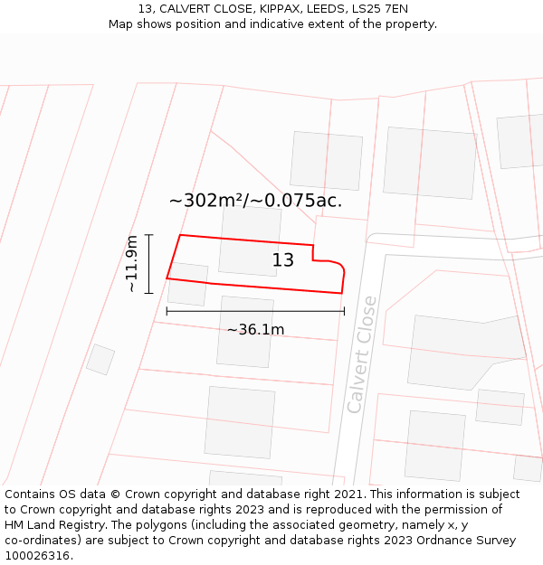 13, CALVERT CLOSE, KIPPAX, LEEDS, LS25 7EN: Plot and title map