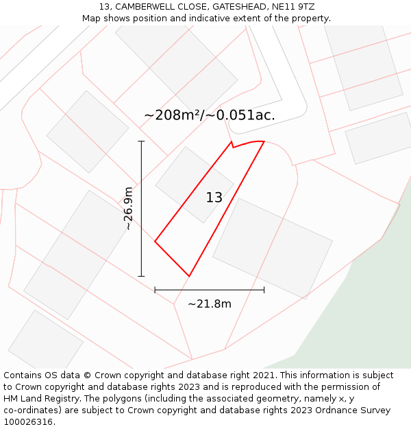 13, CAMBERWELL CLOSE, GATESHEAD, NE11 9TZ: Plot and title map