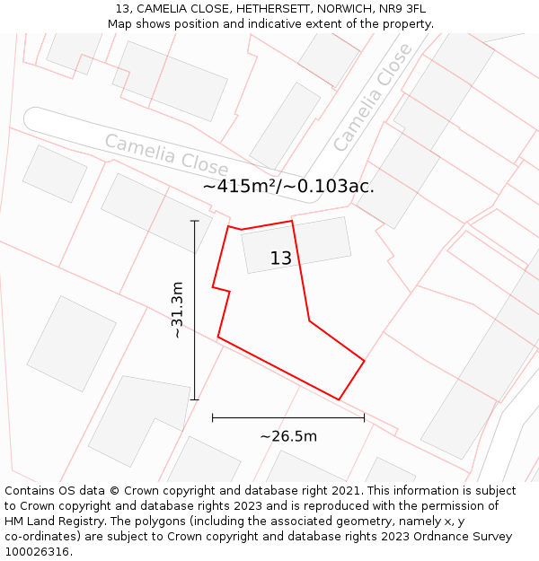 13, CAMELIA CLOSE, HETHERSETT, NORWICH, NR9 3FL: Plot and title map