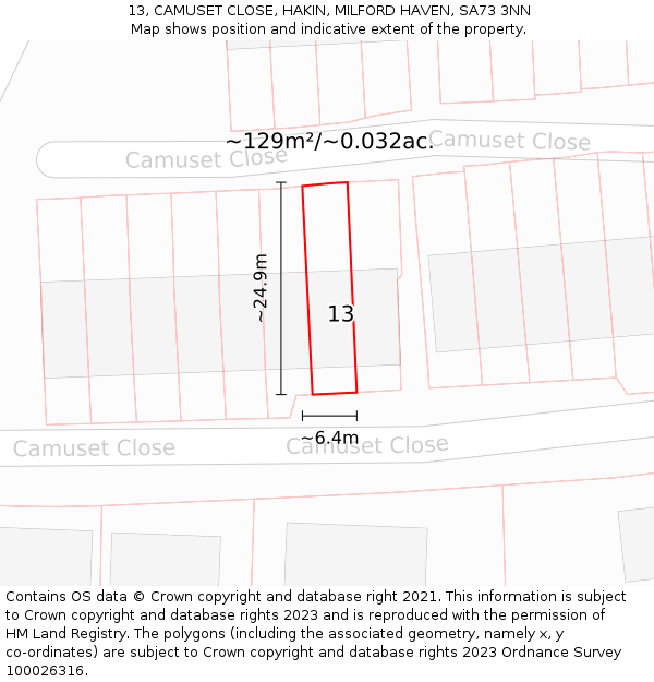 13, CAMUSET CLOSE, HAKIN, MILFORD HAVEN, SA73 3NN: Plot and title map
