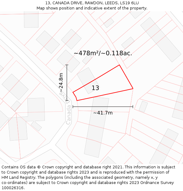 13, CANADA DRIVE, RAWDON, LEEDS, LS19 6LU: Plot and title map