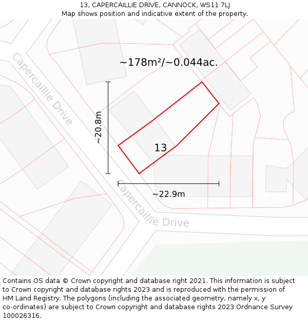 13, CAPERCAILLIE DRIVE, CANNOCK, WS11 7LJ: Plot and title map