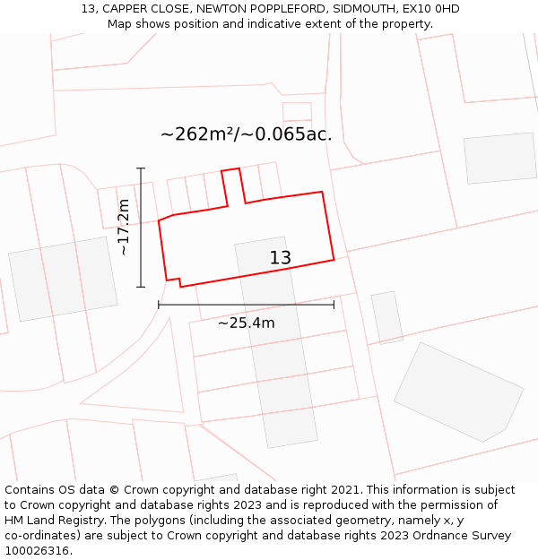 13, CAPPER CLOSE, NEWTON POPPLEFORD, SIDMOUTH, EX10 0HD: Plot and title map