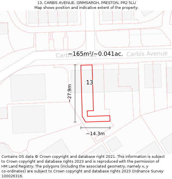 13, CARBIS AVENUE, GRIMSARGH, PRESTON, PR2 5LU: Plot and title map