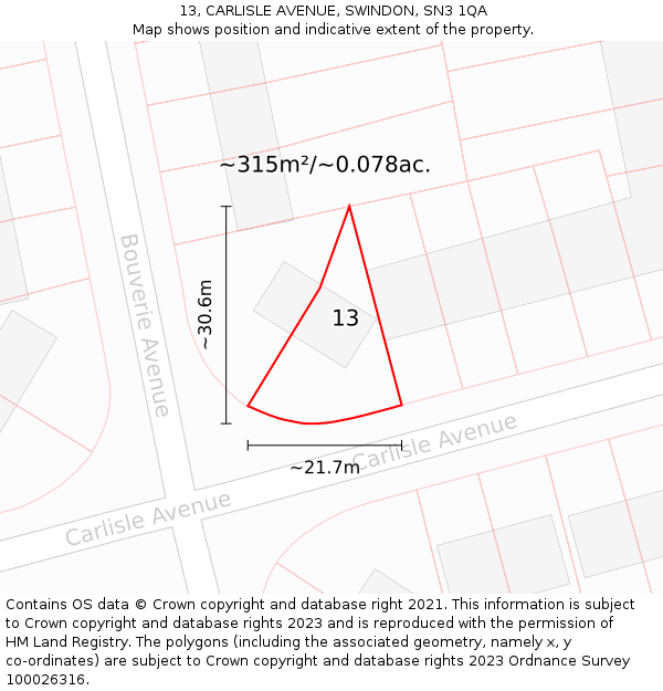 13, CARLISLE AVENUE, SWINDON, SN3 1QA: Plot and title map