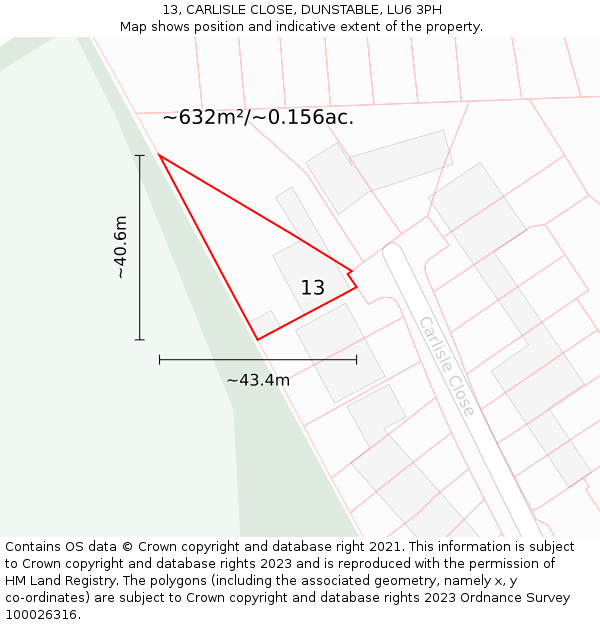 13, CARLISLE CLOSE, DUNSTABLE, LU6 3PH: Plot and title map