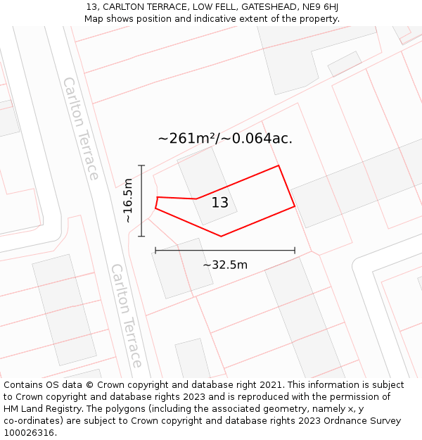 13, CARLTON TERRACE, LOW FELL, GATESHEAD, NE9 6HJ: Plot and title map