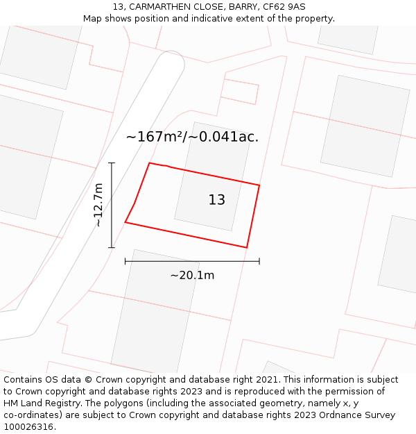 13, CARMARTHEN CLOSE, BARRY, CF62 9AS: Plot and title map