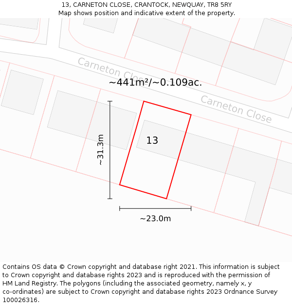 13, CARNETON CLOSE, CRANTOCK, NEWQUAY, TR8 5RY: Plot and title map