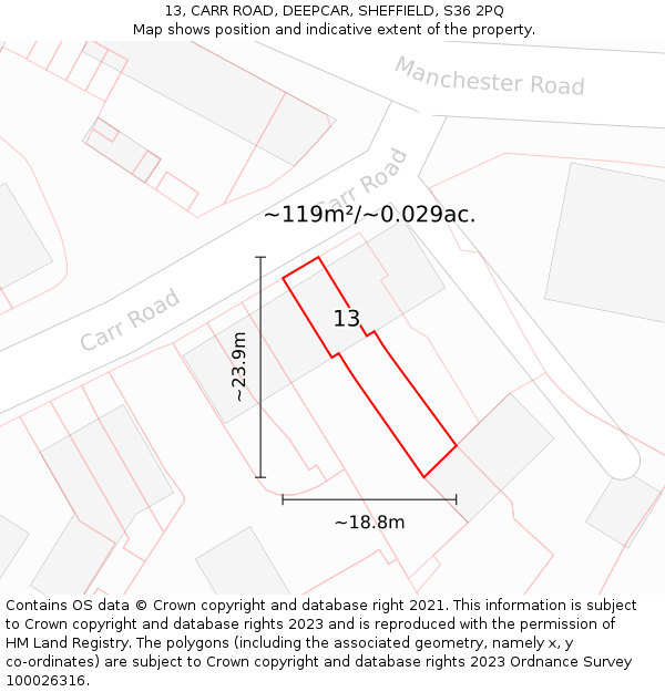 13, CARR ROAD, DEEPCAR, SHEFFIELD, S36 2PQ: Plot and title map