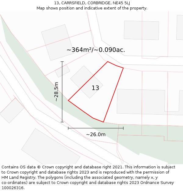 13, CARRSFIELD, CORBRIDGE, NE45 5LJ: Plot and title map