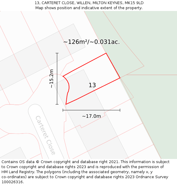 13, CARTERET CLOSE, WILLEN, MILTON KEYNES, MK15 9LD: Plot and title map