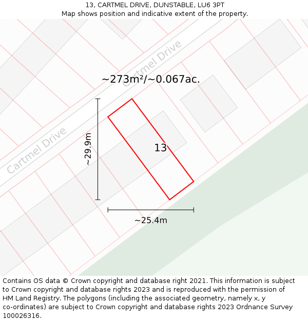 13, CARTMEL DRIVE, DUNSTABLE, LU6 3PT: Plot and title map